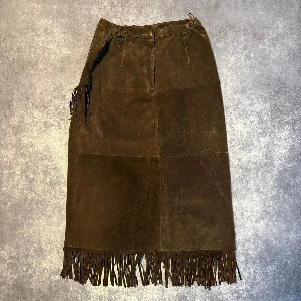 Vintage Brown Suede Leather Fringe Western Midi Skirt Womens 14 - Picture 2 of 6
